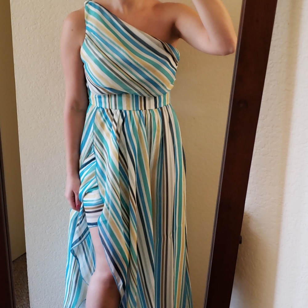 Fully lined one shoulder slit dress